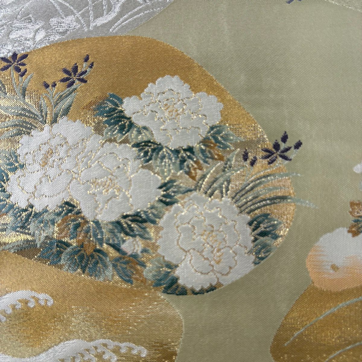 袋帶 秀品級 琳派 日本的美 紹巴織 貝合草花紋 金銀彩 金金箔 抹茶 深藍 正蠶絲