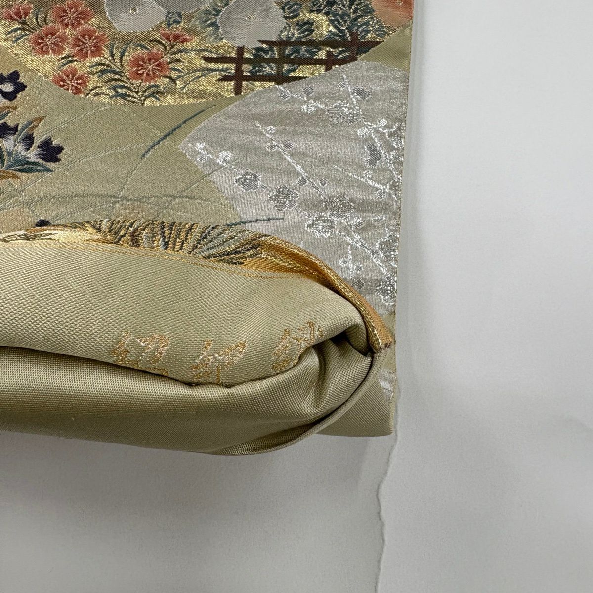袋帶 秀品級 琳派 日本的美 紹巴織 貝合草花紋 金銀彩 金金箔 抹茶 深藍 正蠶絲