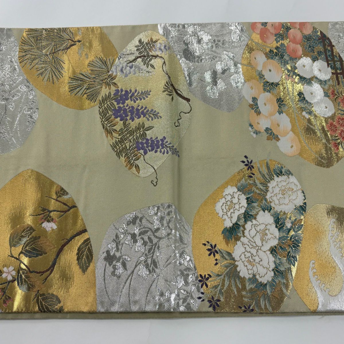 袋帶 秀品級 琳派 日本的美 紹巴織 貝合草花紋 金銀彩 金金箔 抹茶 深藍 正蠶絲