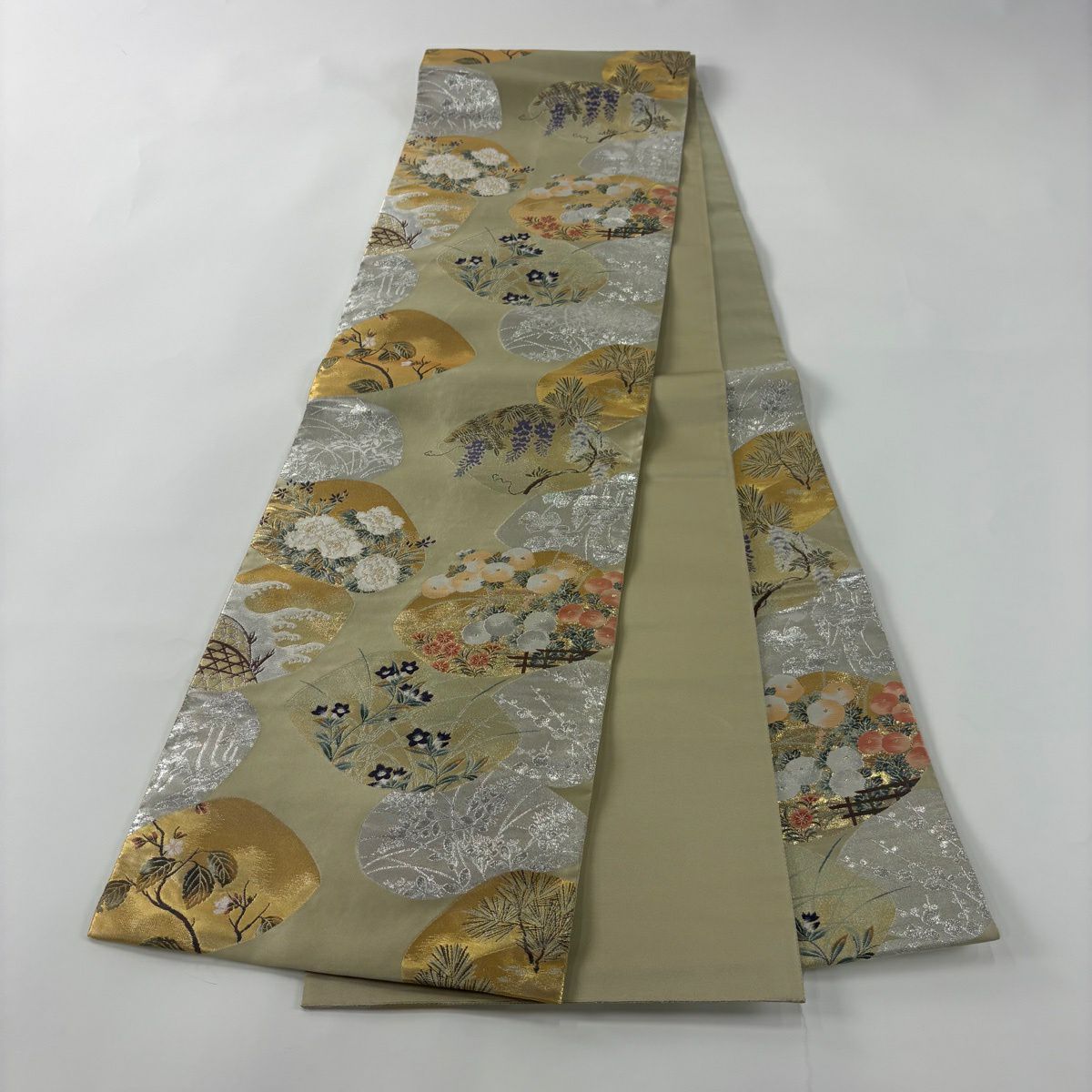 袋帶 秀品級 琳派 日本的美 紹巴織 貝合草花紋 金銀彩 金金箔 抹茶 深藍 正蠶絲