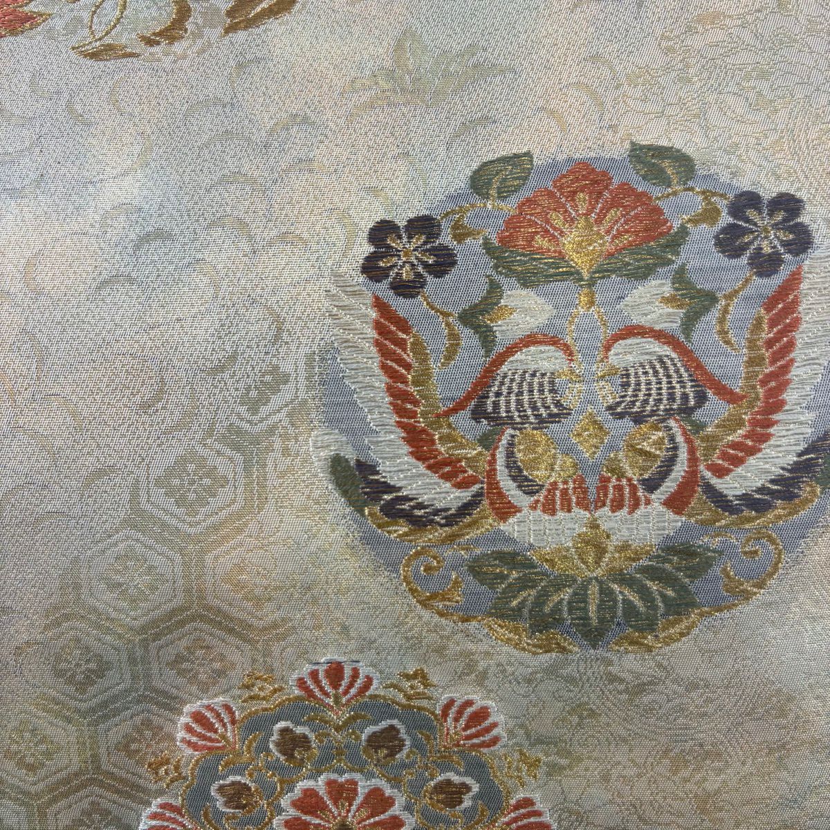 袋帶 秀品級 天平的香 向鳥 華紋 金絲 金金箔 灰茶 六通 純蠶絲