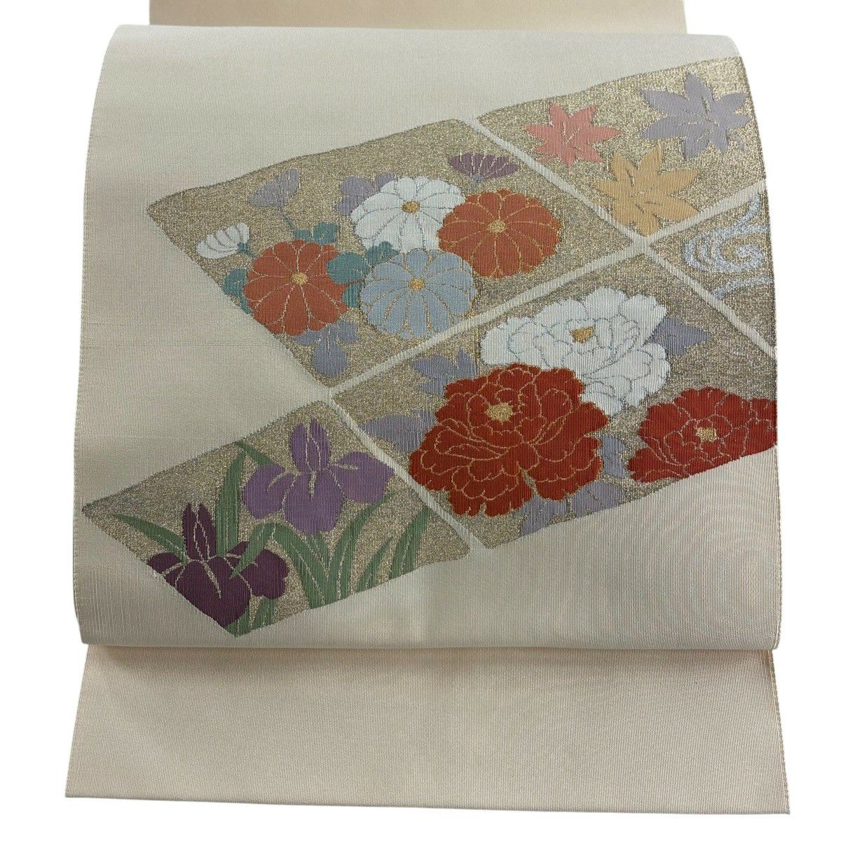 【美品】名古屋帶 秀品級 牡丹 菊花 金金箔 米色 大鼓圖案 純蠶絲