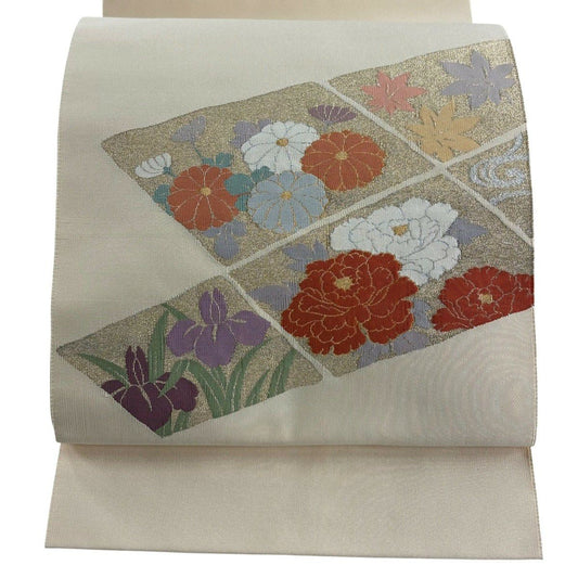 【美品】名古屋帶 秀品級 牡丹 菊花 金金箔 米色 大鼓圖案 純蠶絲