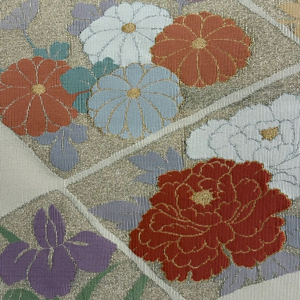 【美品】名古屋帶 秀品級 牡丹 菊花 金金箔 米色 大鼓圖案 純蠶絲