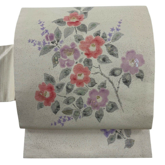 【美品】名古屋帶 秀品級 枝花 螺鈿 金金箔 奶油色 純蠶絲