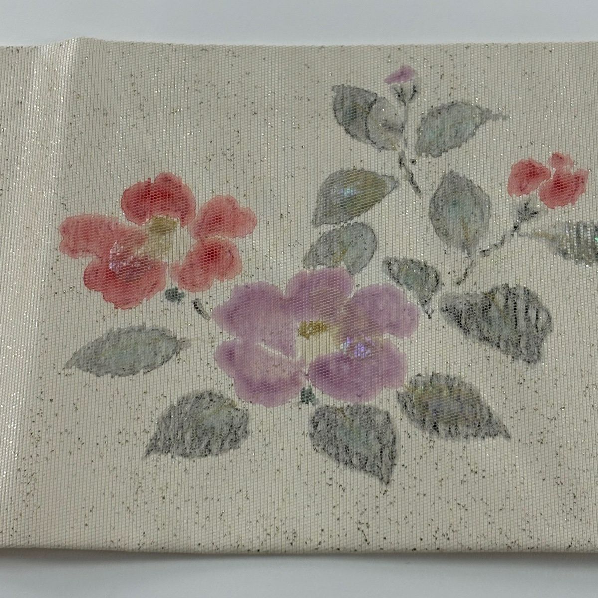 【美品】名古屋帶 秀品級 枝花 螺鈿 金金箔 奶油色 純蠶絲