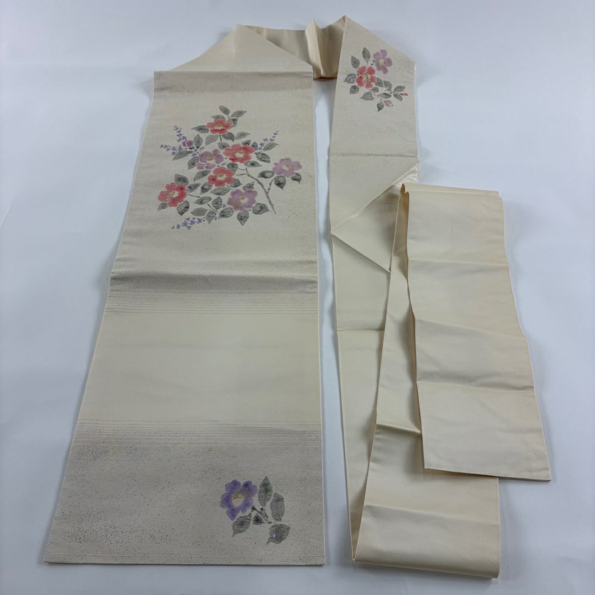 【美品】名古屋帶 秀品級 枝花 螺鈿 金金箔 奶油色 純蠶絲