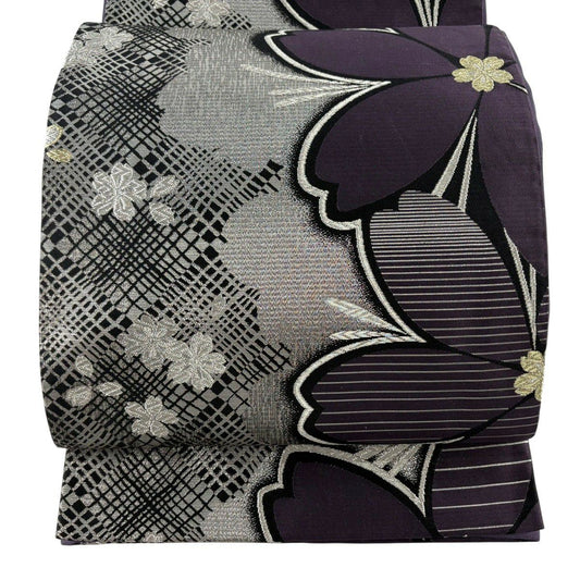 【美品】 袋帶 優品級 振袖禮服禮服用 櫻花 金銀彩 金金箔 深紫 六通 純蠶絲