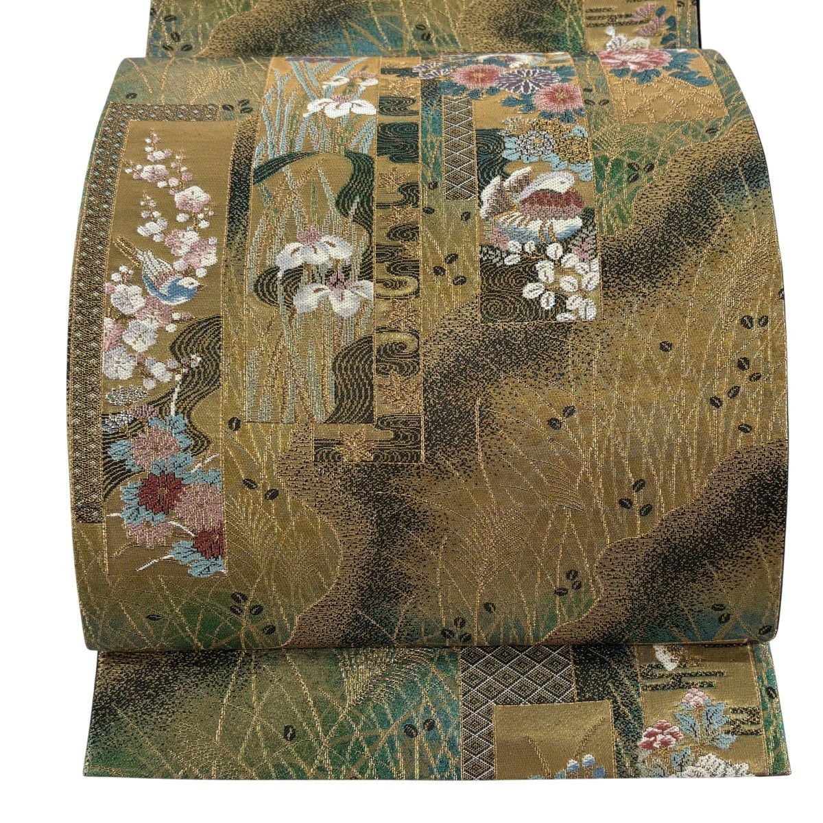 【美品】 袋帶 秀品級 鈴乃屋 短冊 草花紋紋 金絲 金金箔 金色 六通 純蠶絲