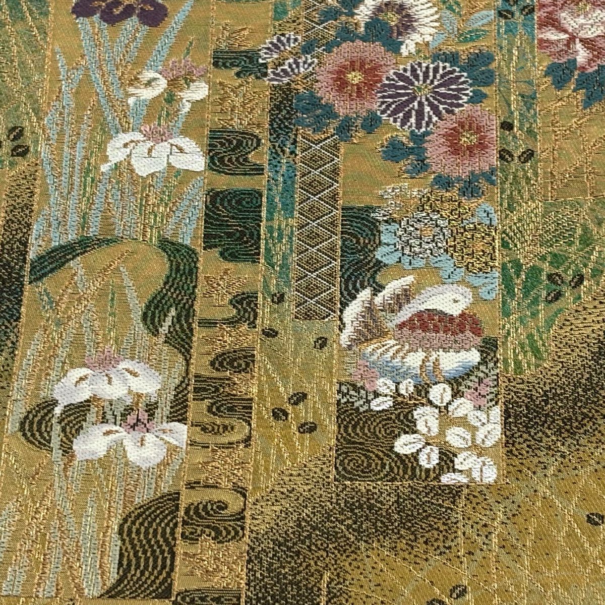 【美品】 袋帶 秀品級 鈴乃屋 短冊 草花紋紋 金絲 金金箔 金色 六通 純蠶絲