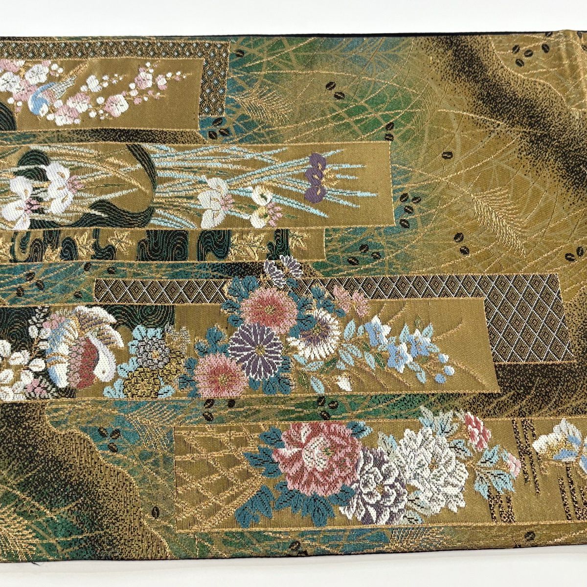 【美品】 袋帶 秀品級 鈴乃屋 短冊 草花紋紋 金絲 金金箔 金色 六通 純蠶絲