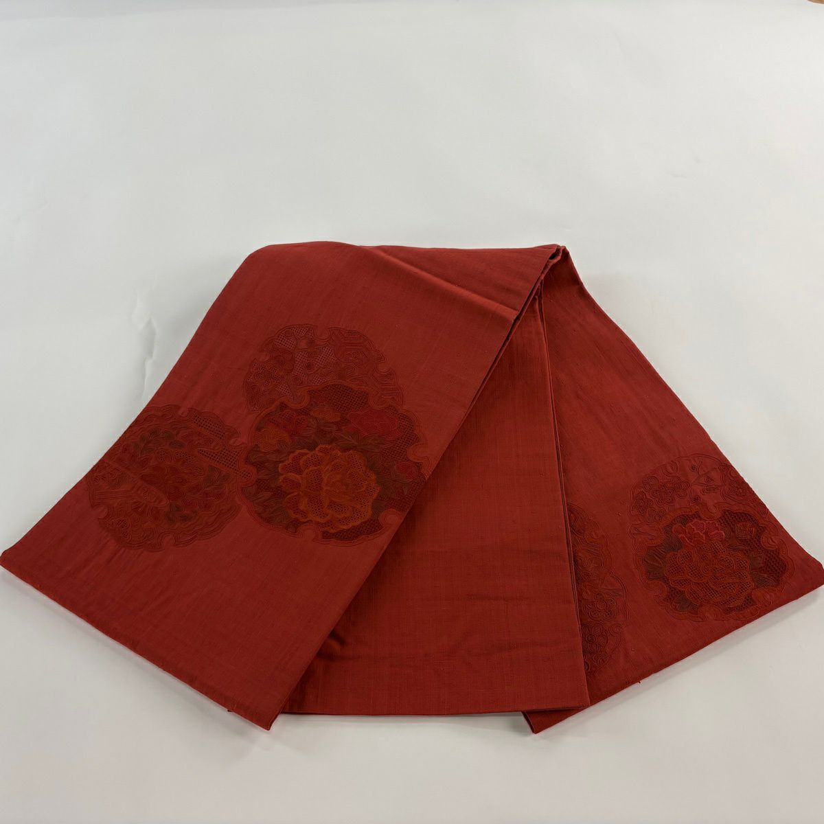 袋帶 秀品級 紬織織 雪輪 草花紋刺繡 紅 お太鼓柄 純蠶絲