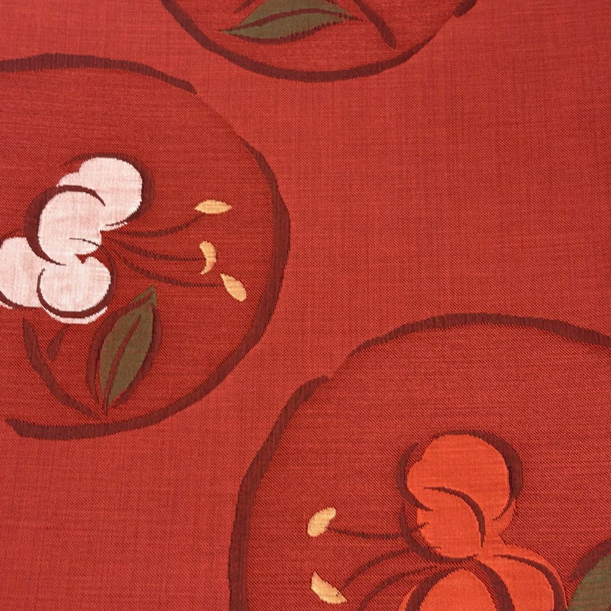 【美品】 袋帶 秀品級 木屋太 落款あり 枝花 圓文 紅 六通 純蠶絲