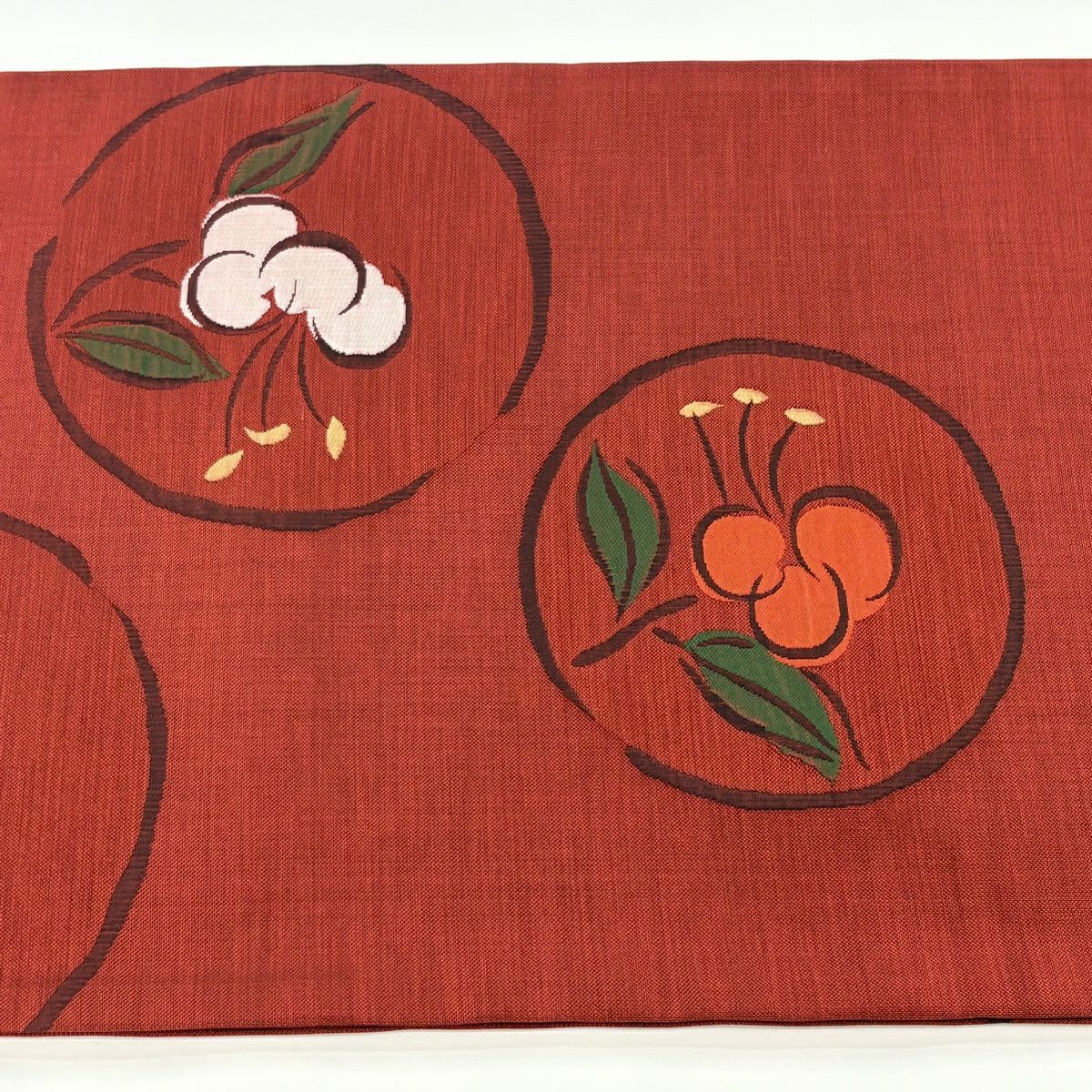 【美品】 袋帶 秀品級 木屋太 落款あり 枝花 圓文 紅 六通 純蠶絲