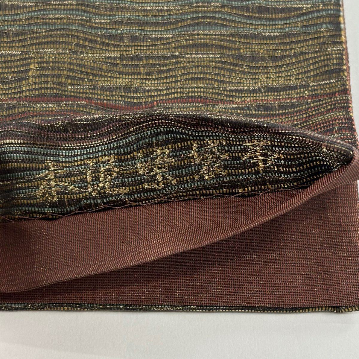 【美品】 袋帶 秀品級 泥染 縞 よろけ縞 金絲 茶 全通 純蠶絲