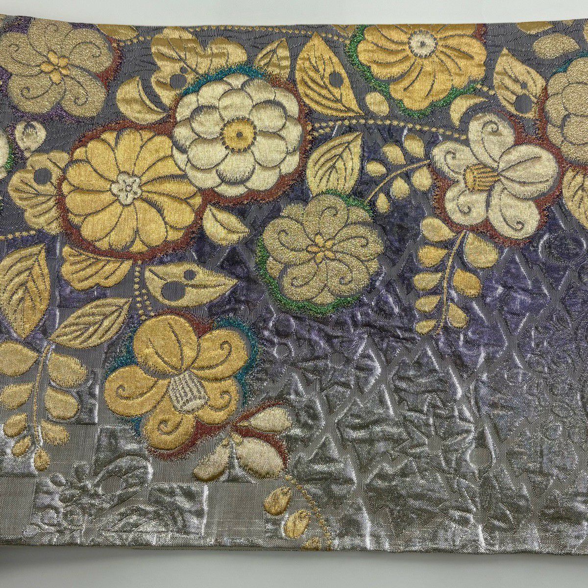 【美品】 袋帶 秀品級 辻花染 椿 金絲 金金箔 淺紫 六通 純蠶絲