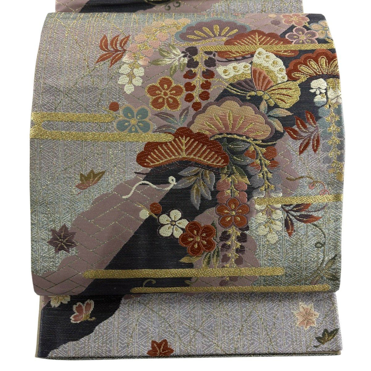 袋帶 秀品級 松樹梅花 蝶 金糸 金金箔 紫 六通 純蠶絲
