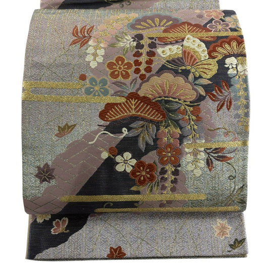 袋帶 秀品級 松樹梅花 蝶 金糸 金金箔 紫 六通 純蠶絲