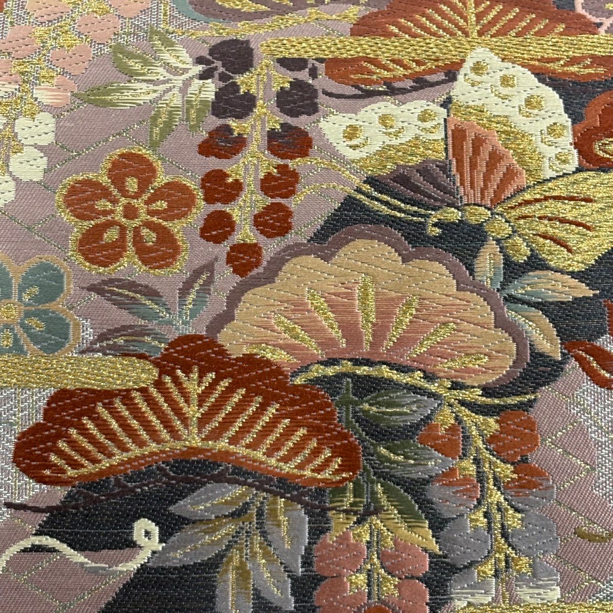 袋帶 秀品級 松樹梅花 蝶 金糸 金金箔 紫 六通 純蠶絲