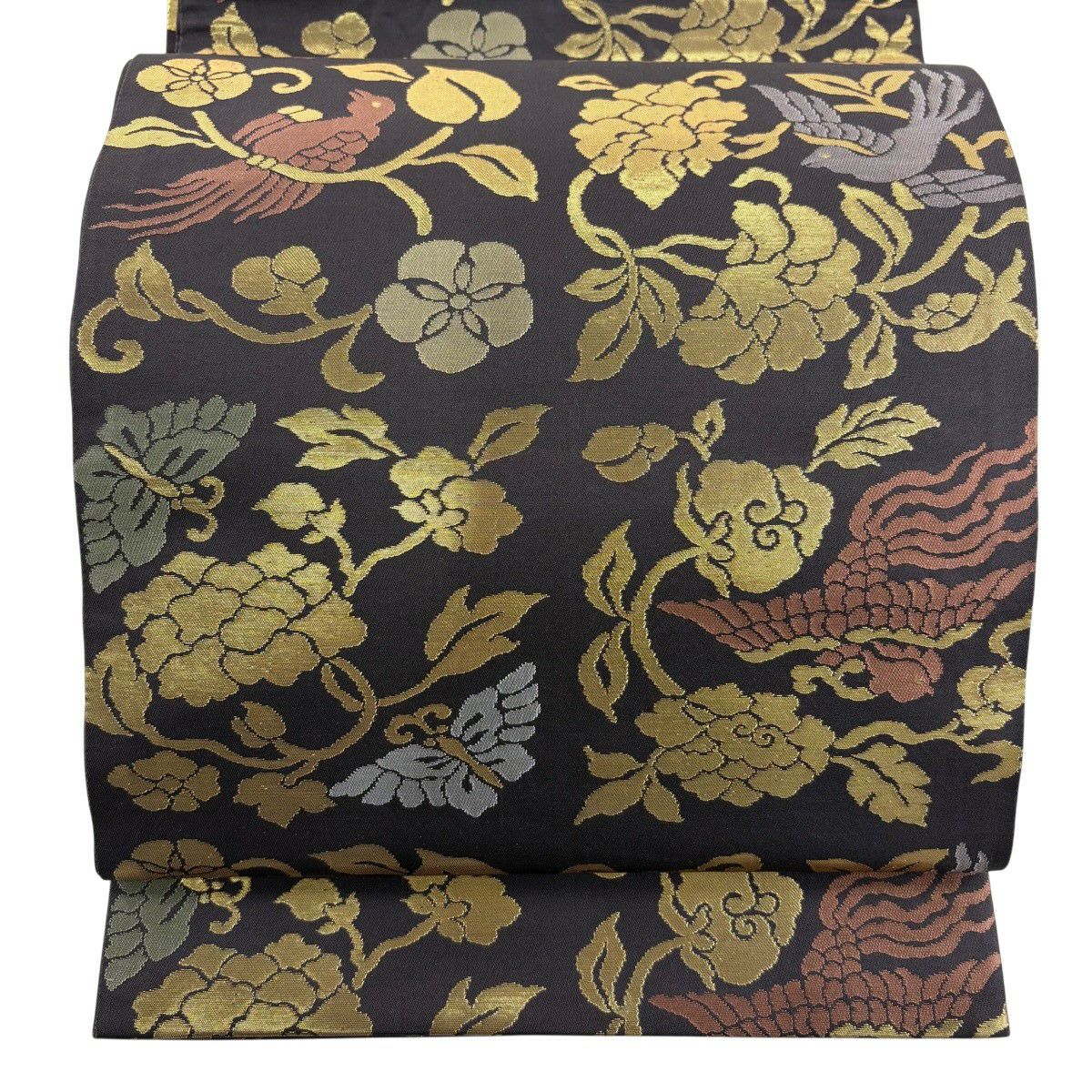 【美品】 袋帶 秀品級 花唐草紋 鳥 金金箔 深紫 全通 純蠶絲