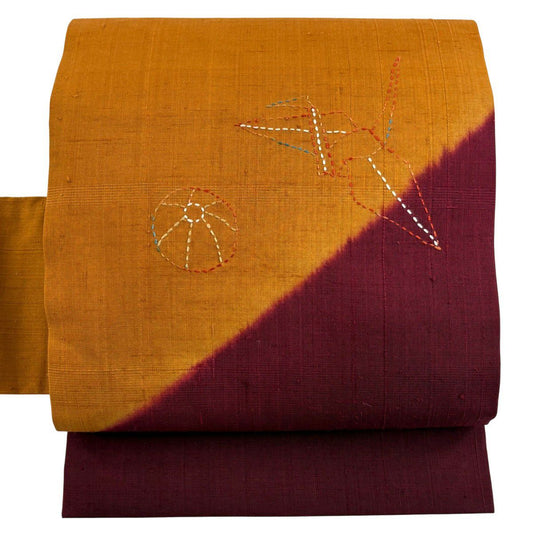【美品】名古屋帶 秀品級 折仙鶴 紙風船 刺繡 橙色 純蠶絲