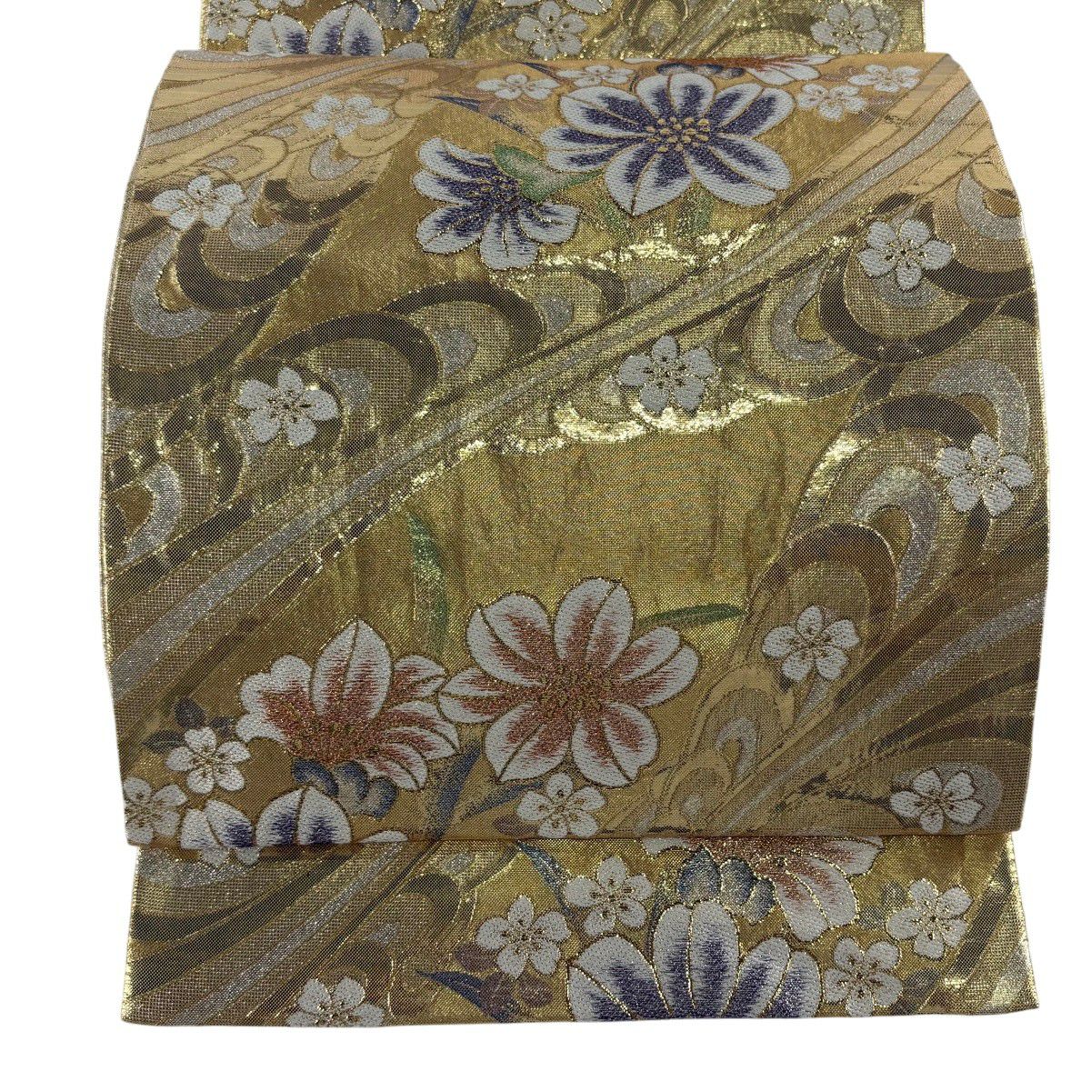 袋帶 秀品級 草花紋紋 金絲 金金箔 金色 六通 純蠶絲