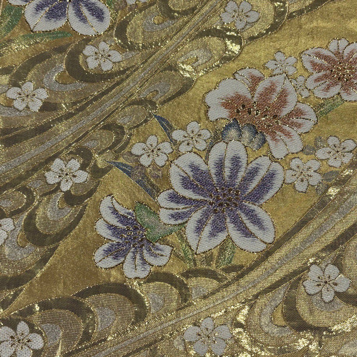 袋帶 秀品級 草花紋紋 金絲 金金箔 金色 六通 純蠶絲
