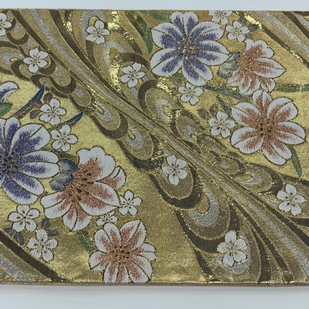 袋帶 秀品級 草花紋紋 金絲 金金箔 金色 六通 純蠶絲