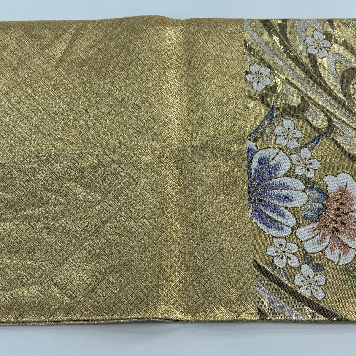袋帶 秀品級 草花紋紋 金絲 金金箔 金色 六通 純蠶絲