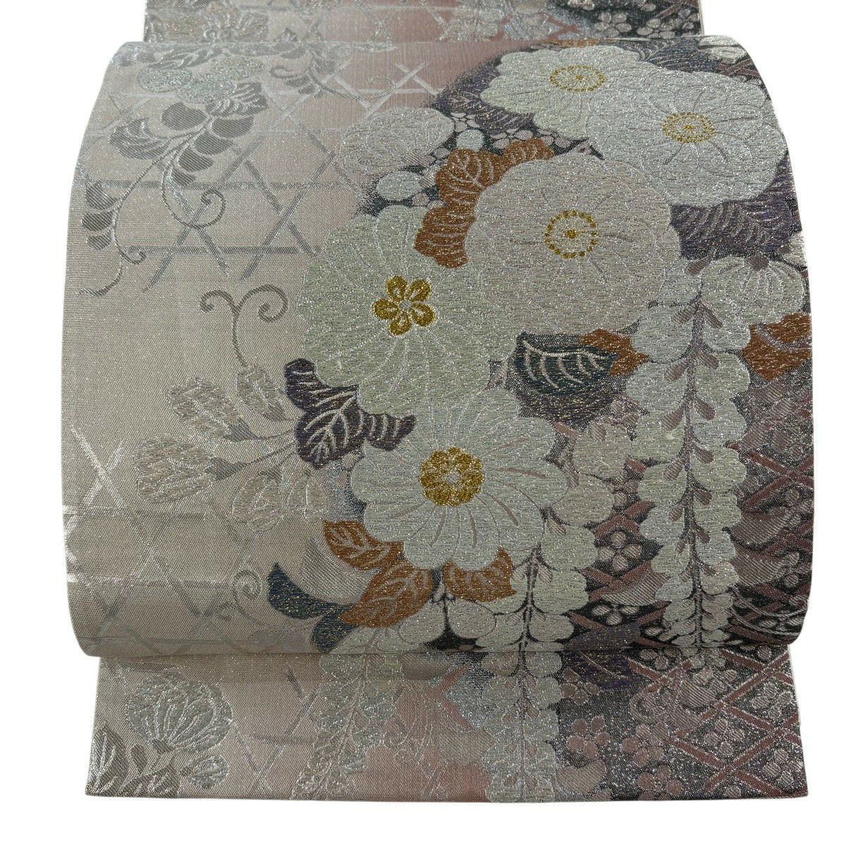 【美品】 袋帶 秀品級 草花紋紋 籠目 唐織 金金箔 灰紫 六通 純蠶絲