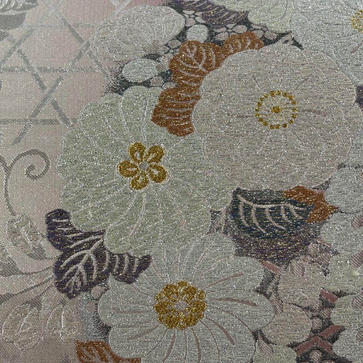 【美品】 袋帶 秀品級 草花紋紋 籠目 唐織 金金箔 灰紫 六通 純蠶絲