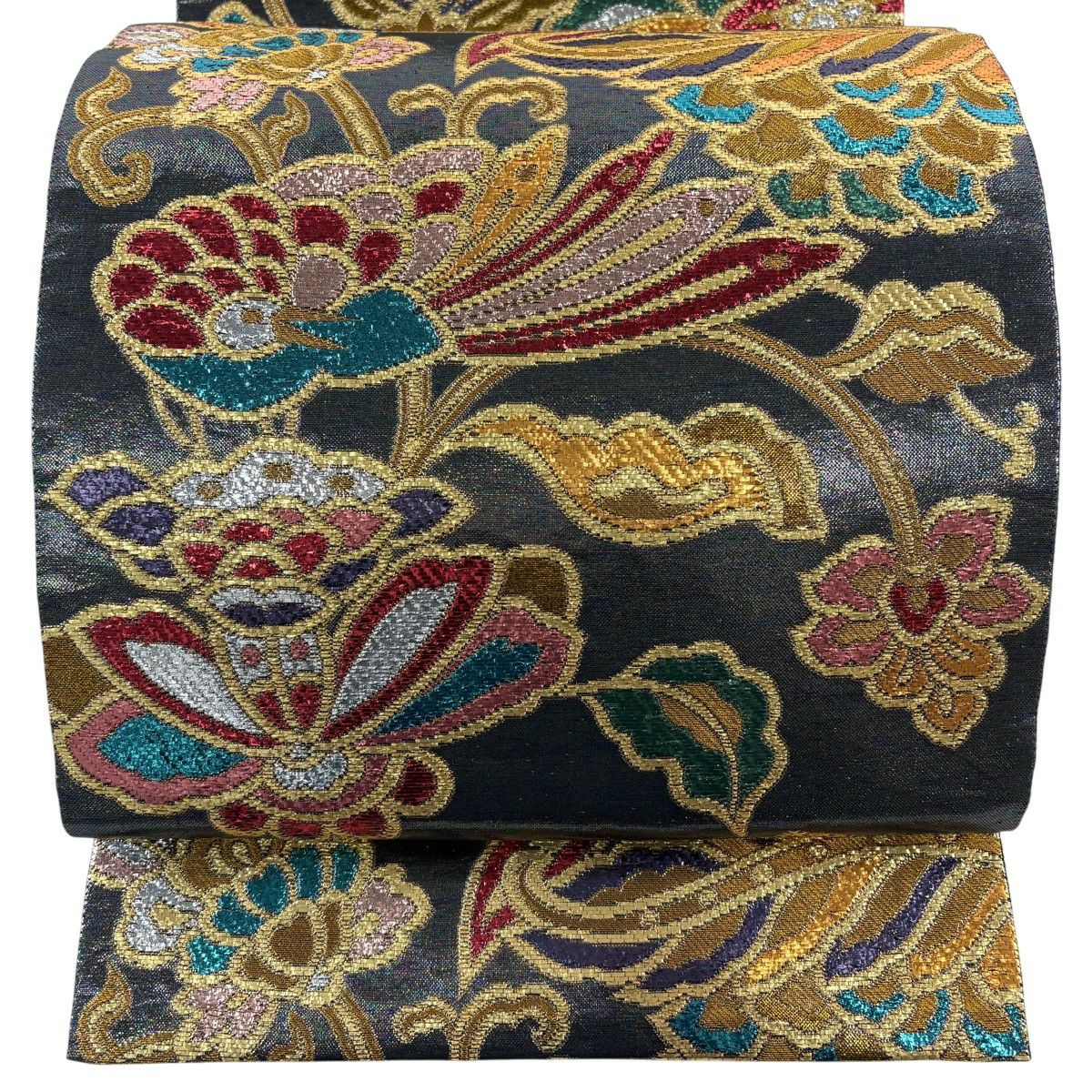 【美品】 袋帶 秀品級 草花紋 鳥 金金箔 金絲 灰紫 六通 純蠶絲