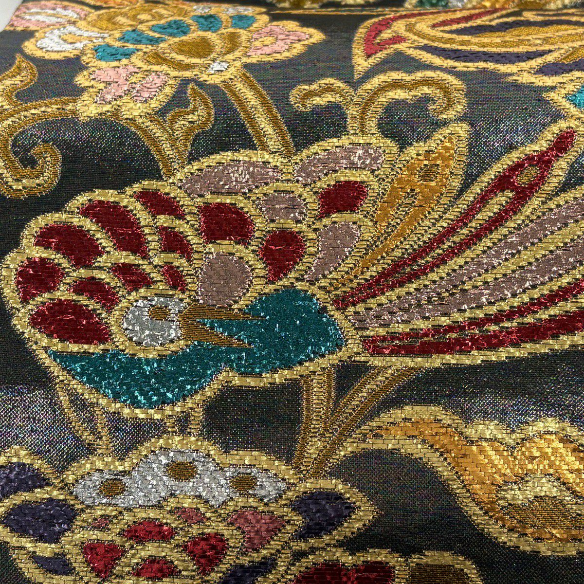 【美品】 袋帶 秀品級 草花紋 鳥 金金箔 金絲 灰紫 六通 純蠶絲