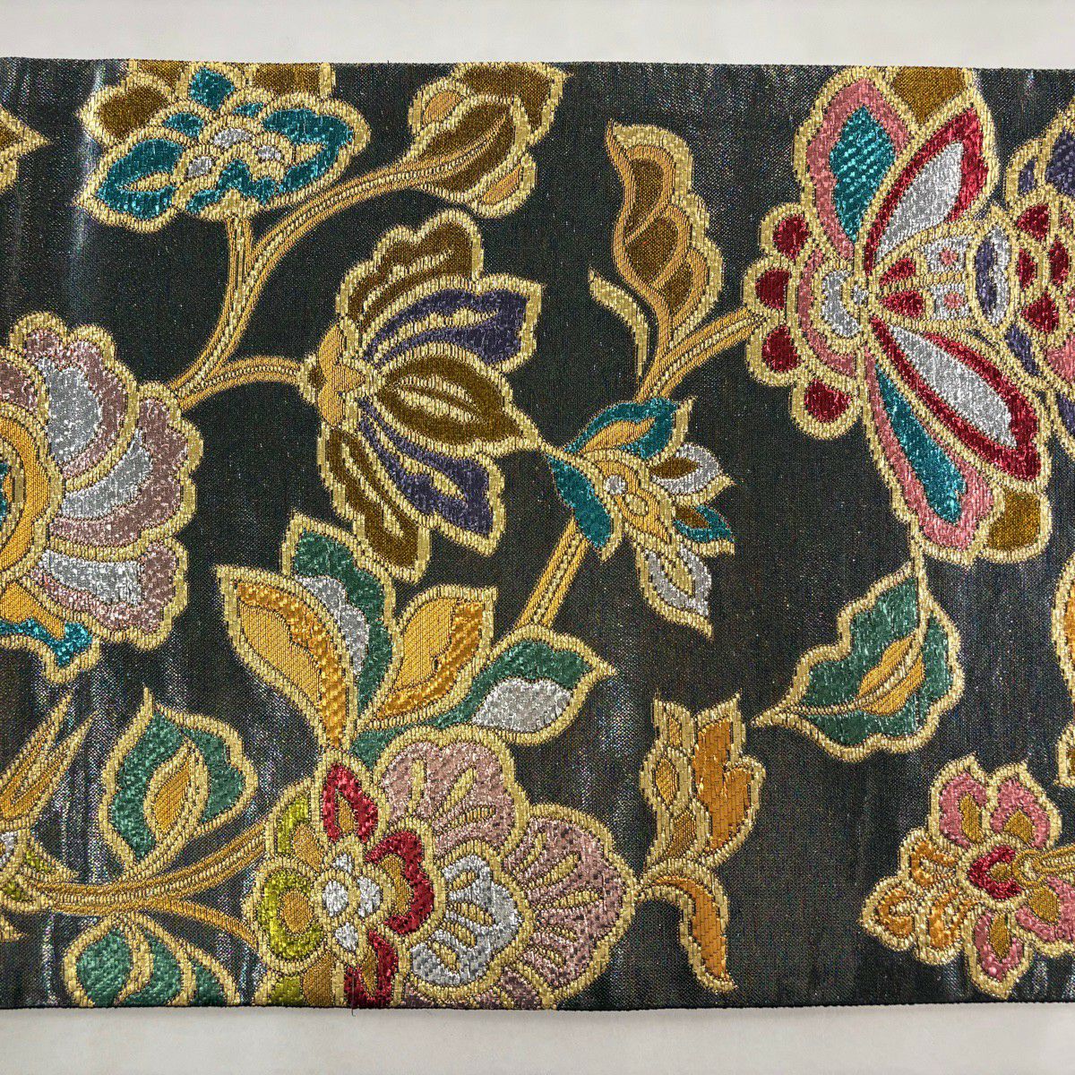 【美品】 袋帶 秀品級 草花紋 鳥 金金箔 金絲 灰紫 六通 純蠶絲