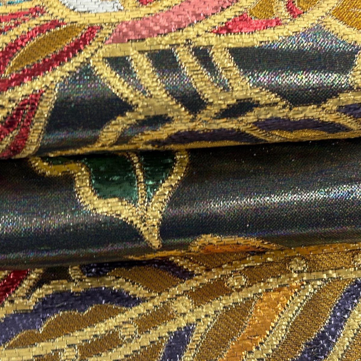 【美品】 袋帶 秀品級 草花紋 鳥 金金箔 金絲 灰紫 六通 純蠶絲