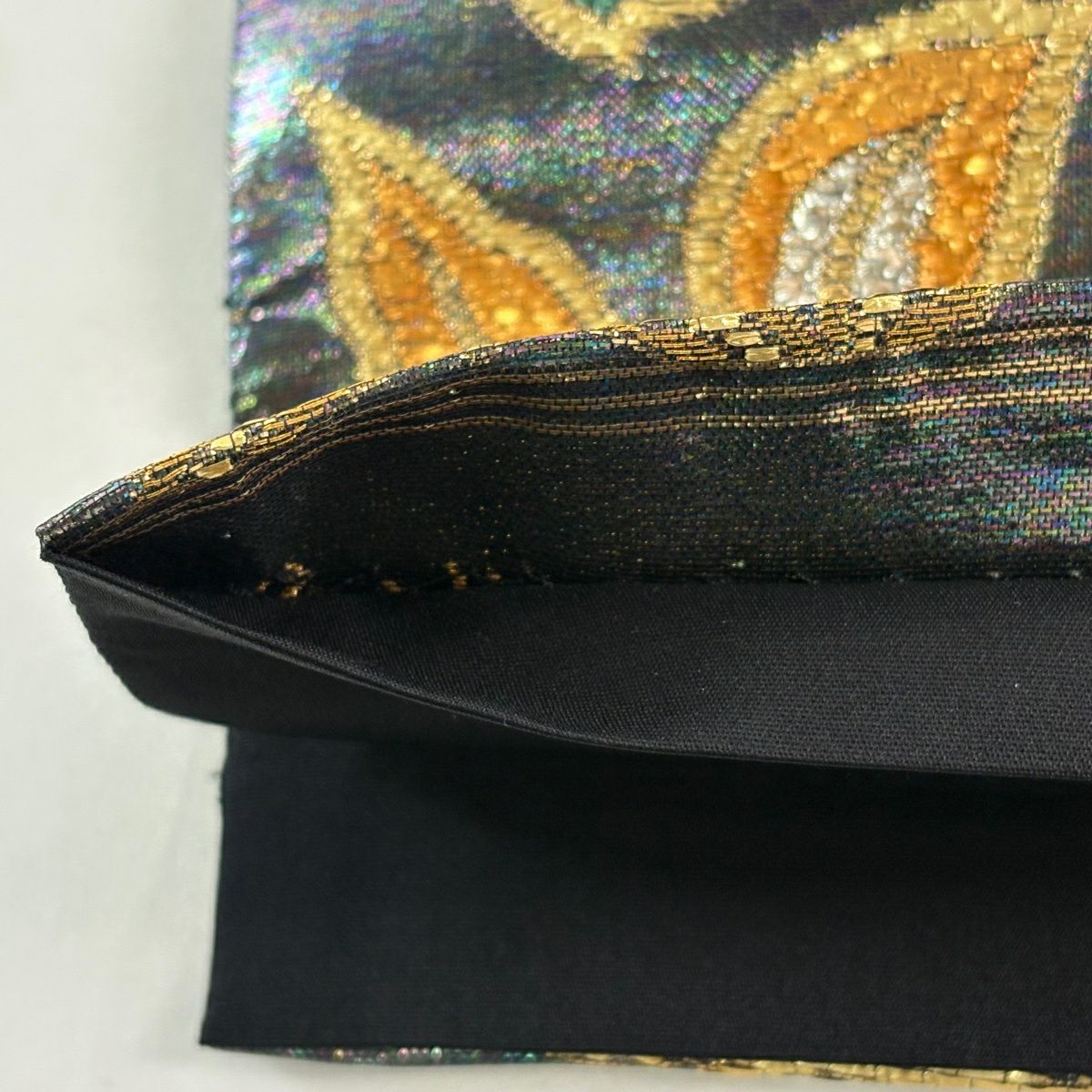 【美品】 袋帶 秀品級 草花紋 鳥 金金箔 金絲 灰紫 六通 純蠶絲