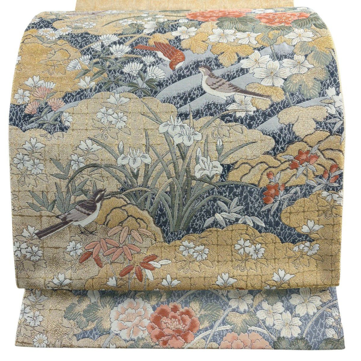 【美品】 袋帶 秀品級 花鳥 雲文 金金箔 金絲 金色 大鼓圖案 純蠶絲