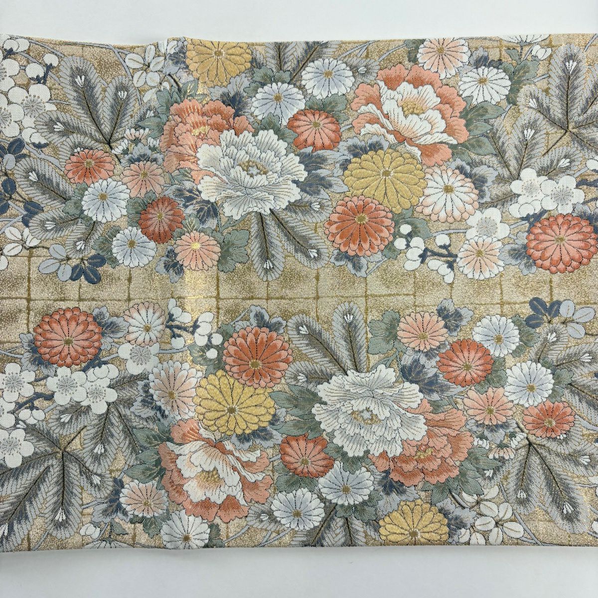 【美品】 袋帶 秀品級 花鳥 雲文 金金箔 金絲 金色 大鼓圖案 純蠶絲