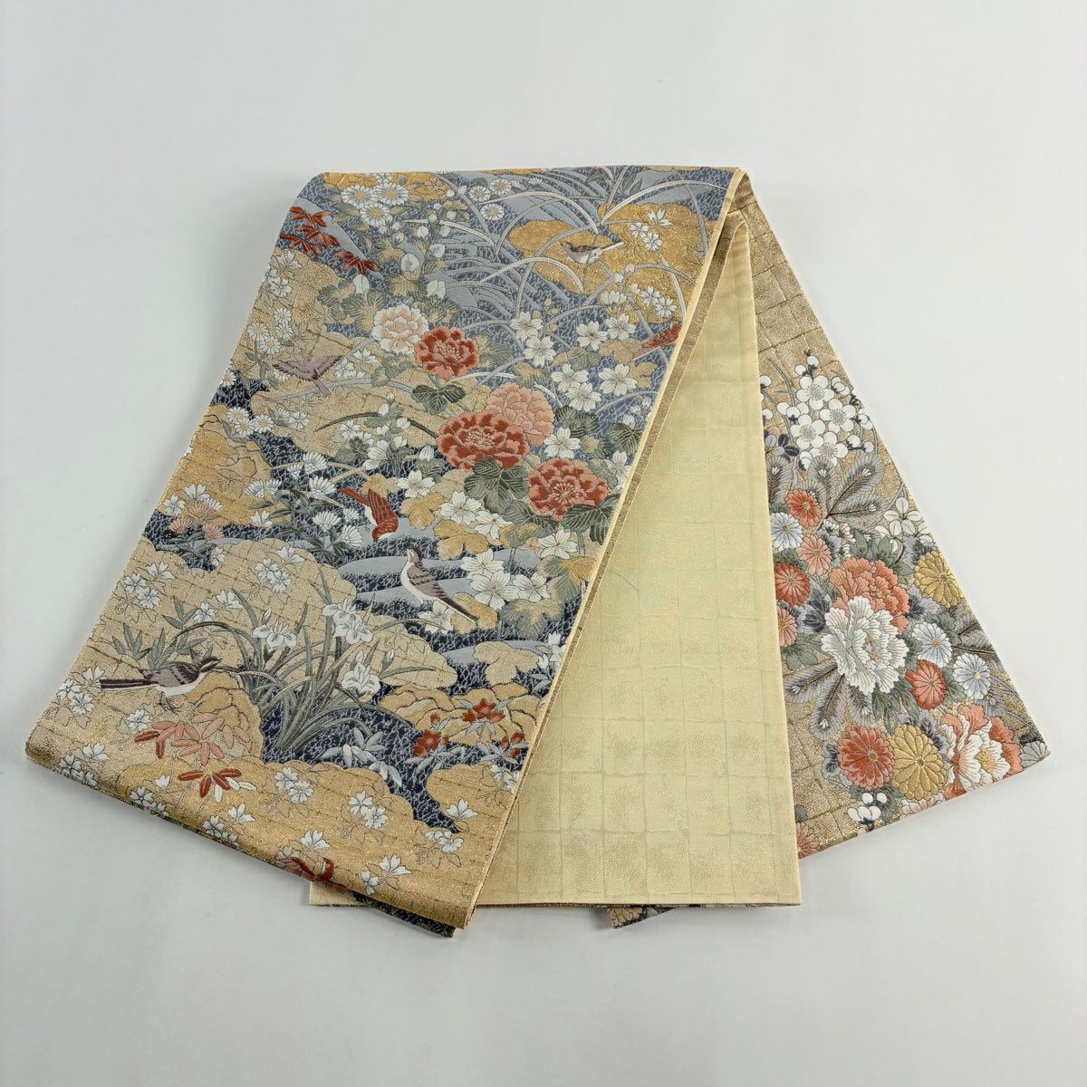 【美品】 袋帶 秀品級 花鳥 雲文 金金箔 金絲 金色 大鼓圖案 純蠶絲