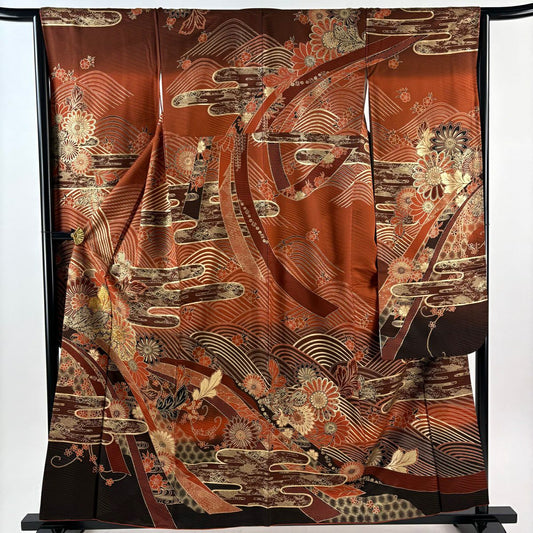 振袖禮服 身長158cm 袖長64.5cm M 雙層 菊花 波 金絲 金銀彩 紅茶 純蠶絲 秀品級