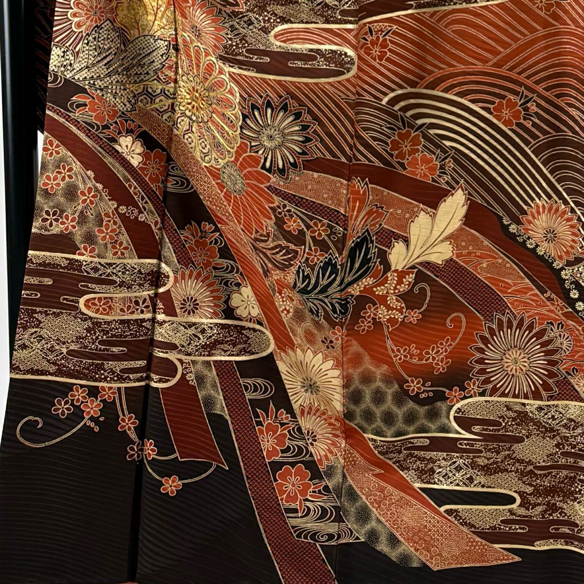振袖禮服 身長158cm 袖長64.5cm M 雙層 菊花 波 金絲 金銀彩 紅茶 純蠶絲 秀品級