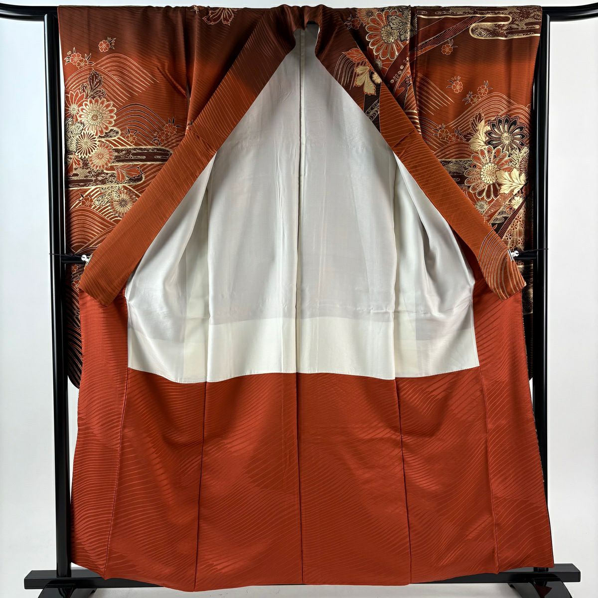 振袖禮服 身長158cm 袖長64.5cm M 雙層 菊花 波 金絲 金銀彩 紅茶 純蠶絲 秀品級