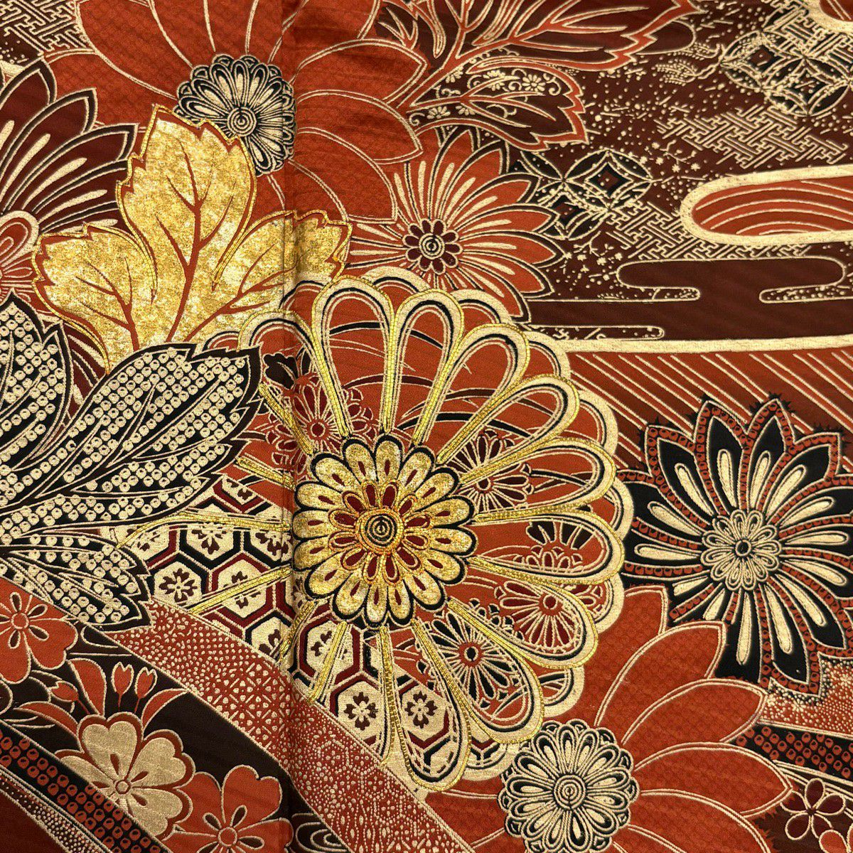 振袖禮服 身長158cm 袖長64.5cm M 雙層 菊花 波 金絲 金銀彩 紅茶 純蠶絲 秀品級