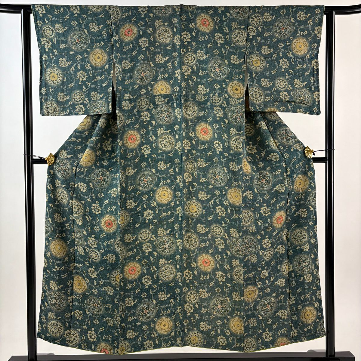 小紋 身長151.5cm 袖長62.5cm S 雙層 花唐草紋 鮫 漸層 深綠 純蠶絲 優品級