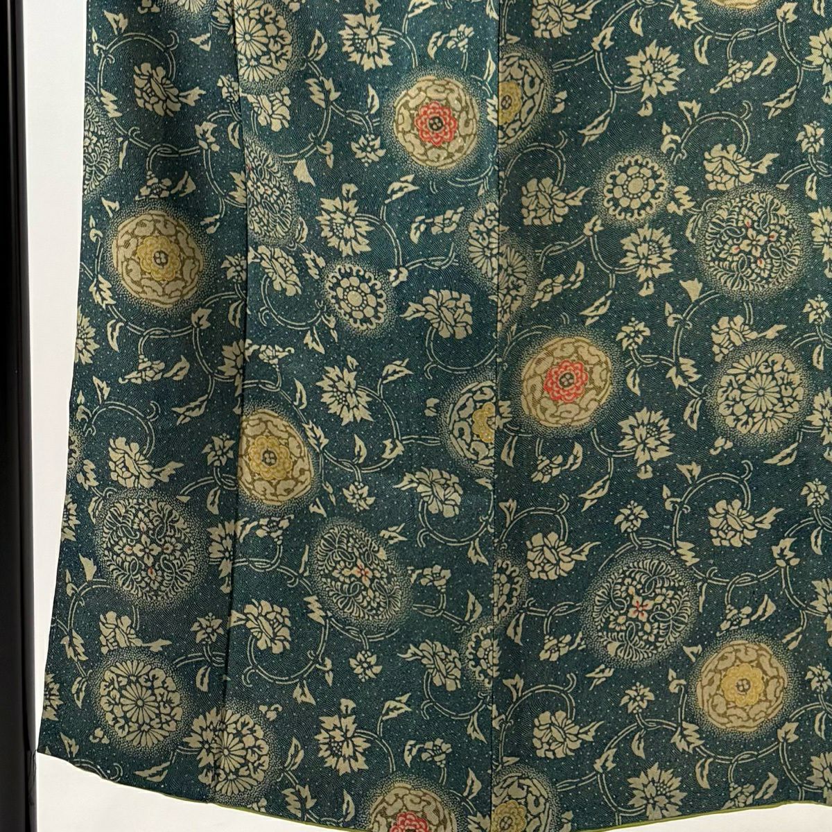 小紋 身長151.5cm 袖長62.5cm S 雙層 花唐草紋 鮫 漸層 深綠 純蠶絲 優品級