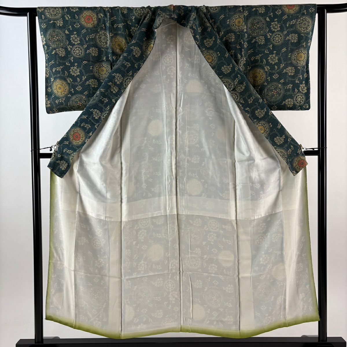 小紋 身長151.5cm 袖長62.5cm S 雙層 花唐草紋 鮫 漸層 深綠 純蠶絲 優品級
