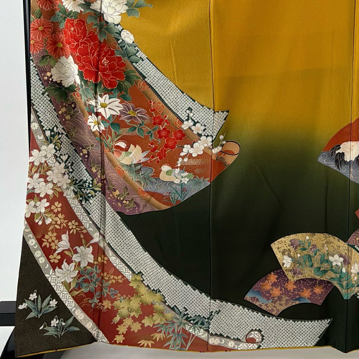 振袖禮服 身長166cm 袖長67.5cm L 雙層 牡丹 草花紋紋 金彩裝飾 染分 からし色 純蠶絲 秀品級