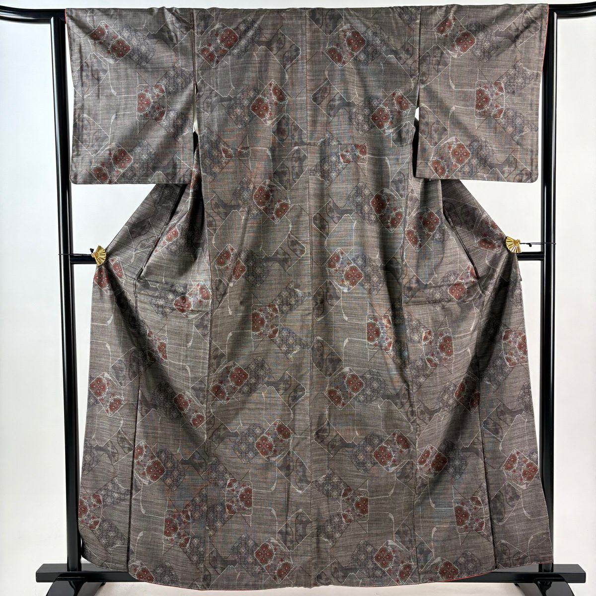 【美品】 紬織 身長161.5cm 袖長64cm M 雙層 華紋 色紙 焦茶 純蠶絲 秀品級
