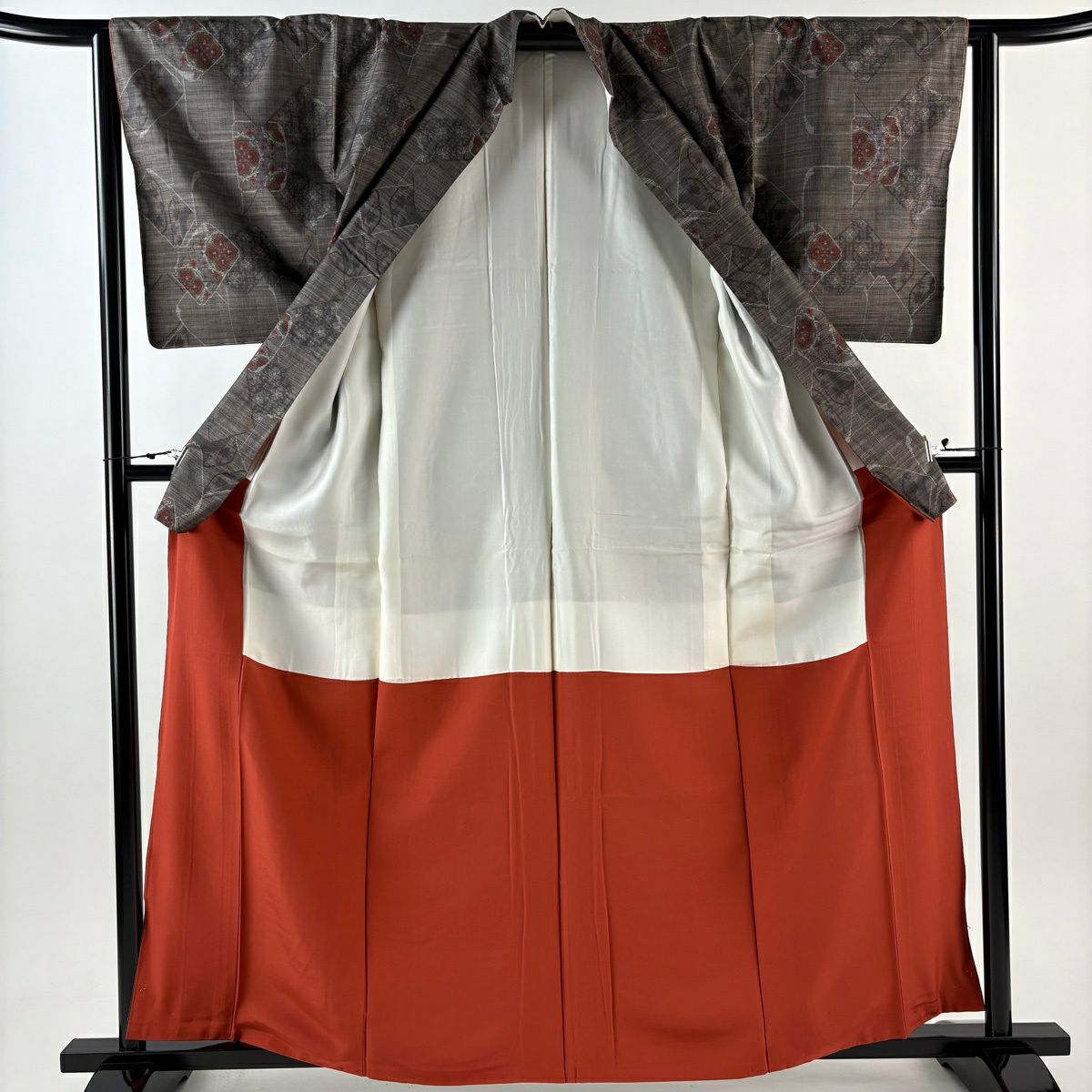 【美品】 紬織 身長161.5cm 袖長64cm M 雙層 華紋 色紙 焦茶 純蠶絲 秀品級
