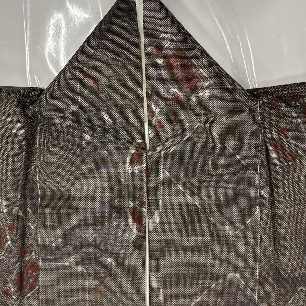【美品】 紬織 身長161.5cm 袖長64cm M 雙層 華紋 色紙 焦茶 純蠶絲 秀品級